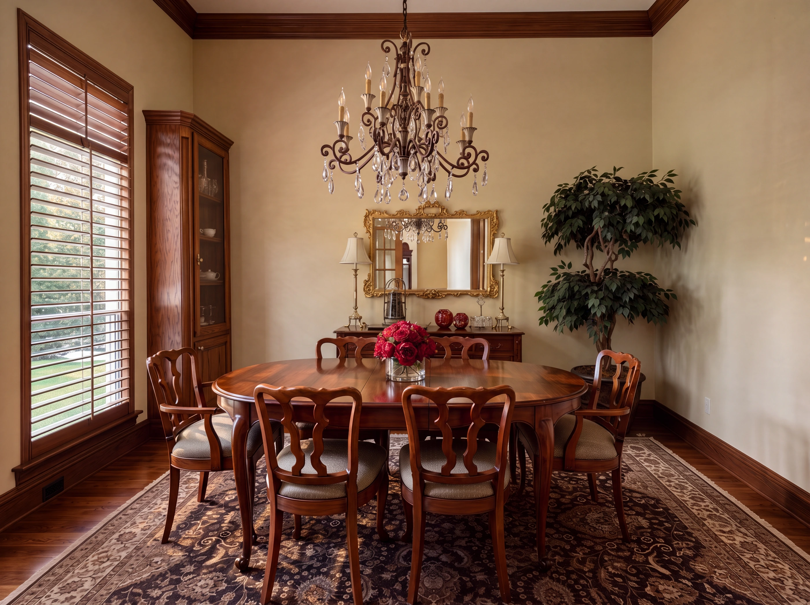 Formal dining room with built-in china cabinet