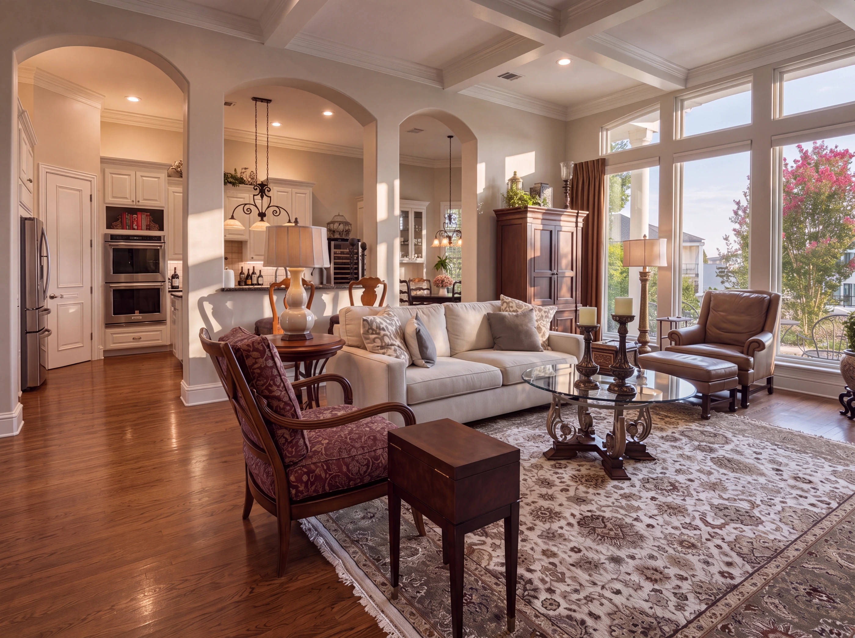 Living room with coffered ceiling and arched openings