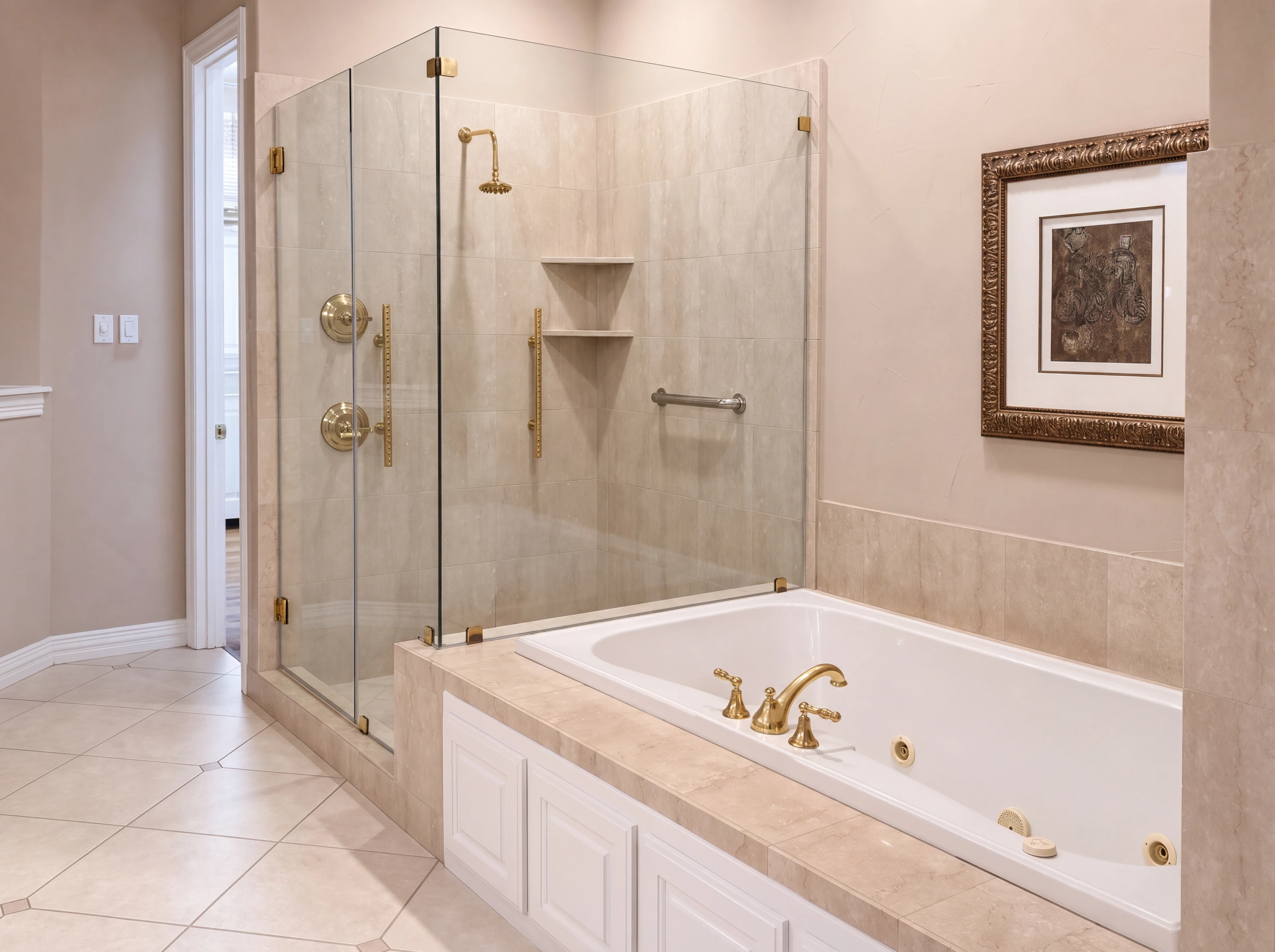 Frameless glass shower with rain head beside the jetted tub